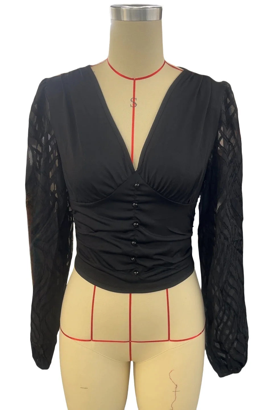 Elegante schwarze Damenbluse mit tiefem V-Ausschnitt & Laternenärmeln